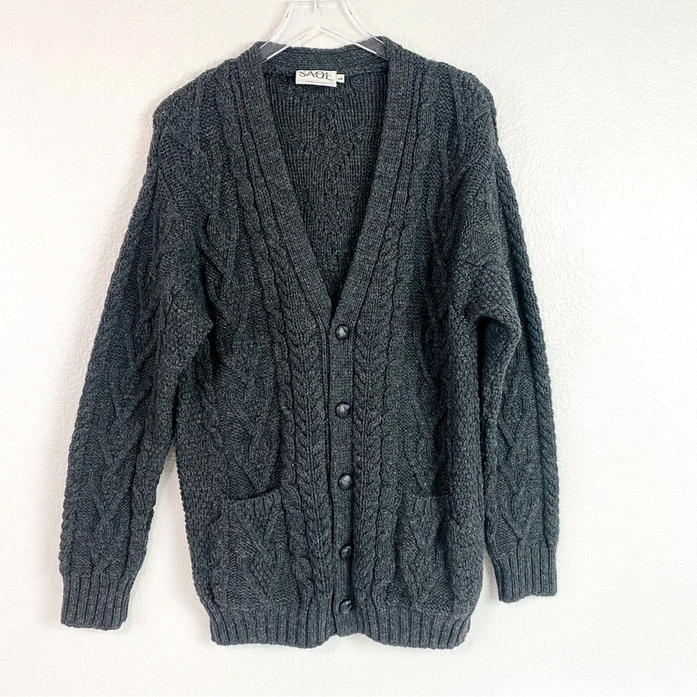 Saol Ireland Charcoal Grey 100% Merino Wool Cable Knit Cardigan Size L